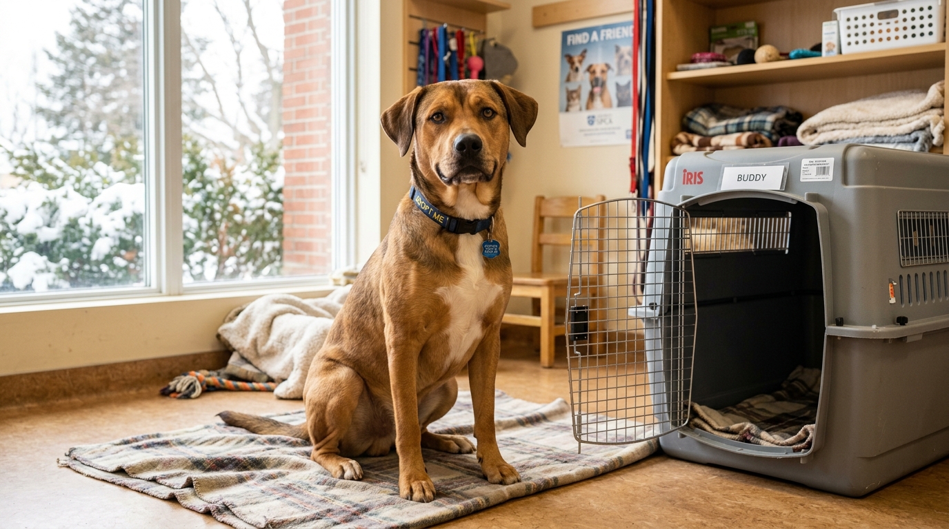 Grand chien croisé beige de 28 kilos assis calmement dans un refuge canadien