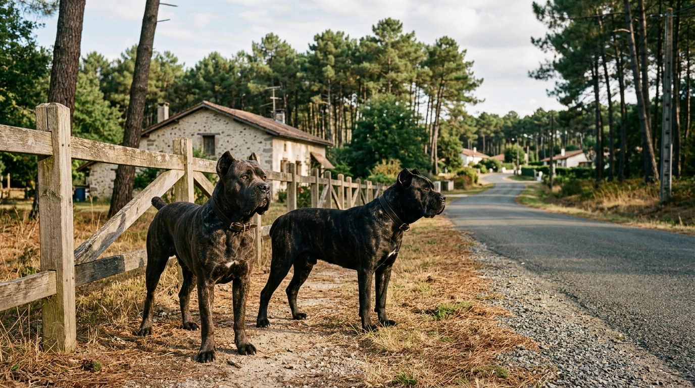 Chiens Cane Corso près d'un chemin de campagne dans les Landes