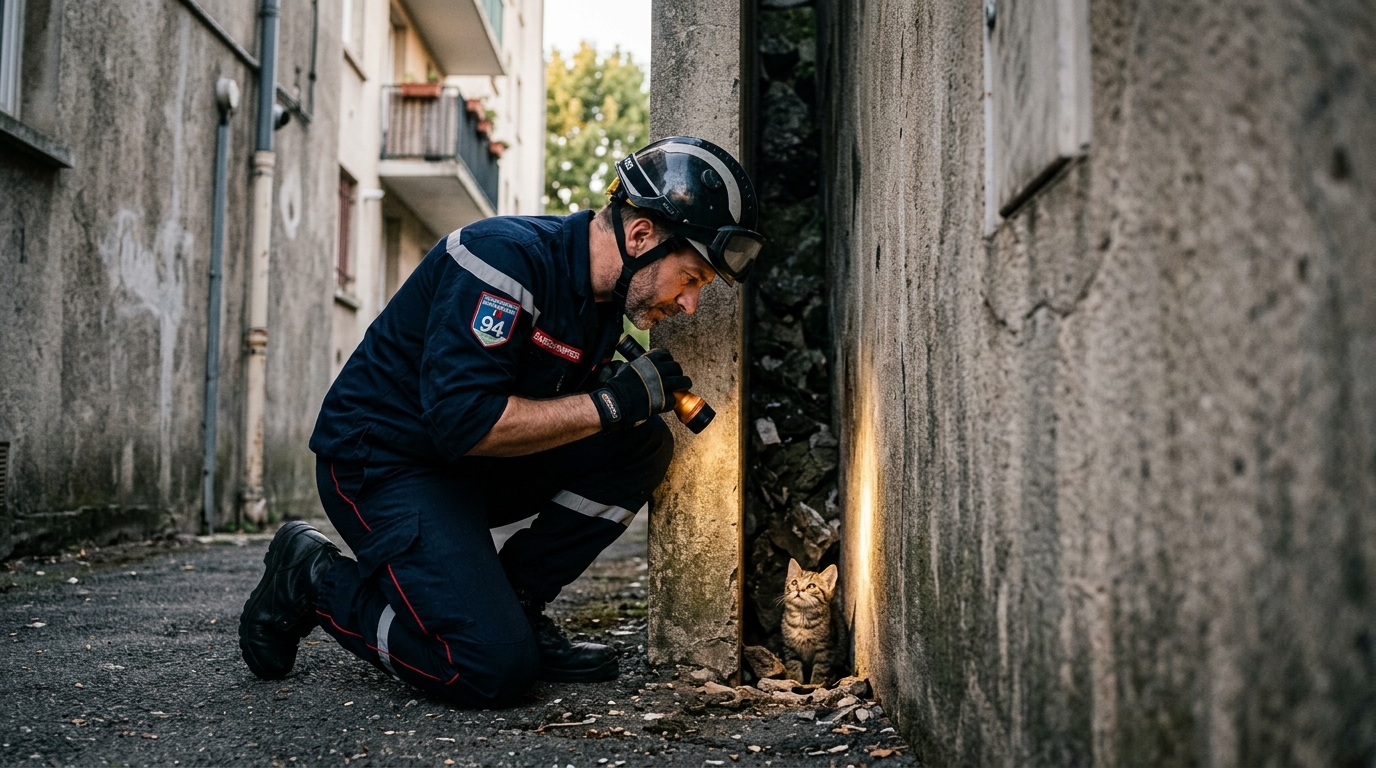 Un petit chat secouru dans un passage étroit entre deux bâtiments