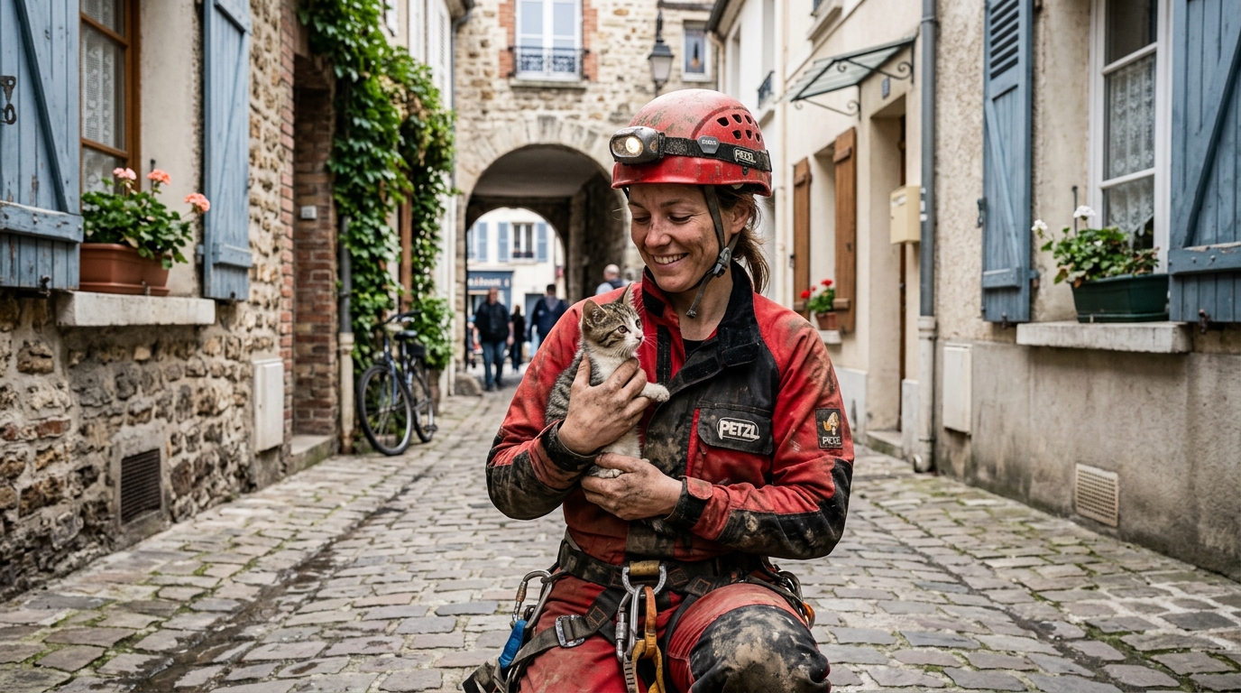 Une spéléologue tient tendrement un chat sauvé d'une étroite faille entre deux bâtiments.