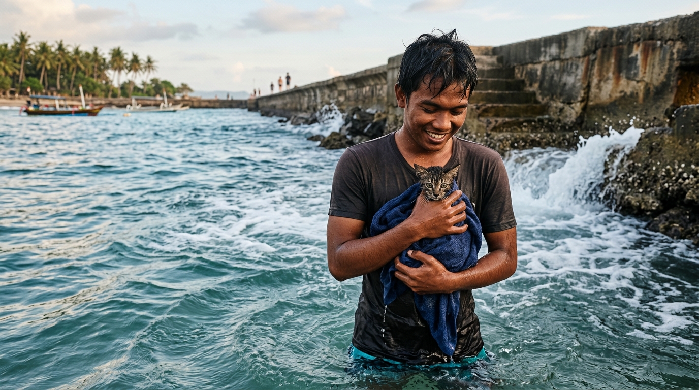 Un homme secourt un chat effrayé dans l'eau près d'une jetée à Bali