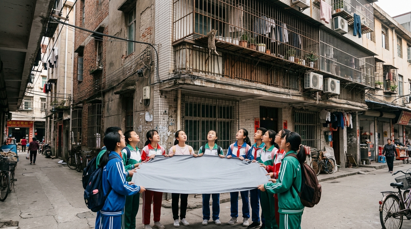 Un groupe de jeunes élèves tend un drap dans la rue pour secourir un chat
