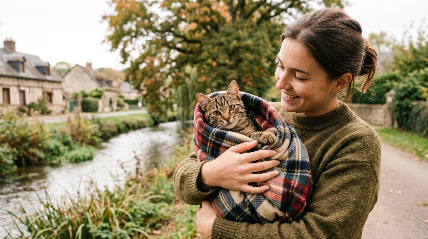 Un chat tigré enveloppé dans un plaid après avoir été secouru en haut d'un arbre en Normandie.