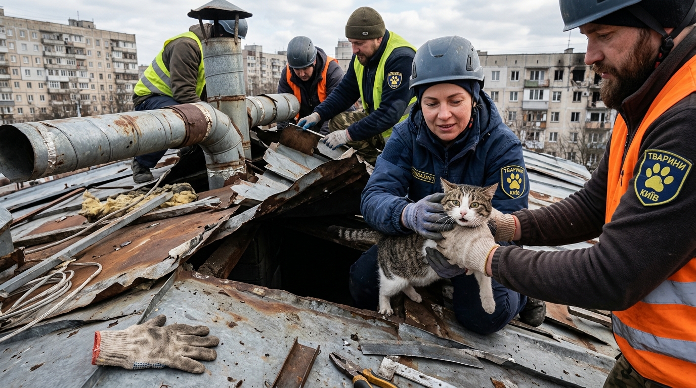 Des bénévoles secourent un chat coincé sur le toit d'un immeuble