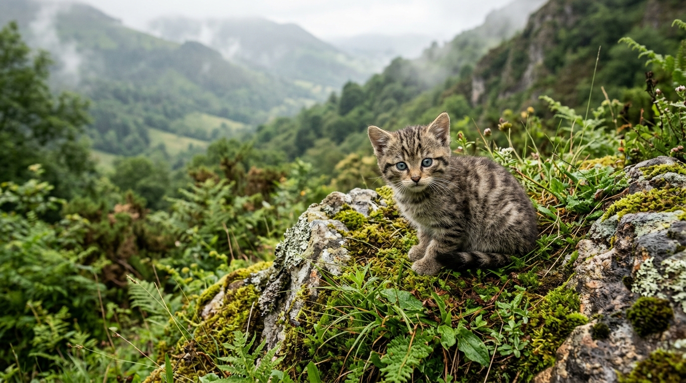 Un petit chat forestier d'Europe assis sur un rocher dans la montagne des Pyrénées.