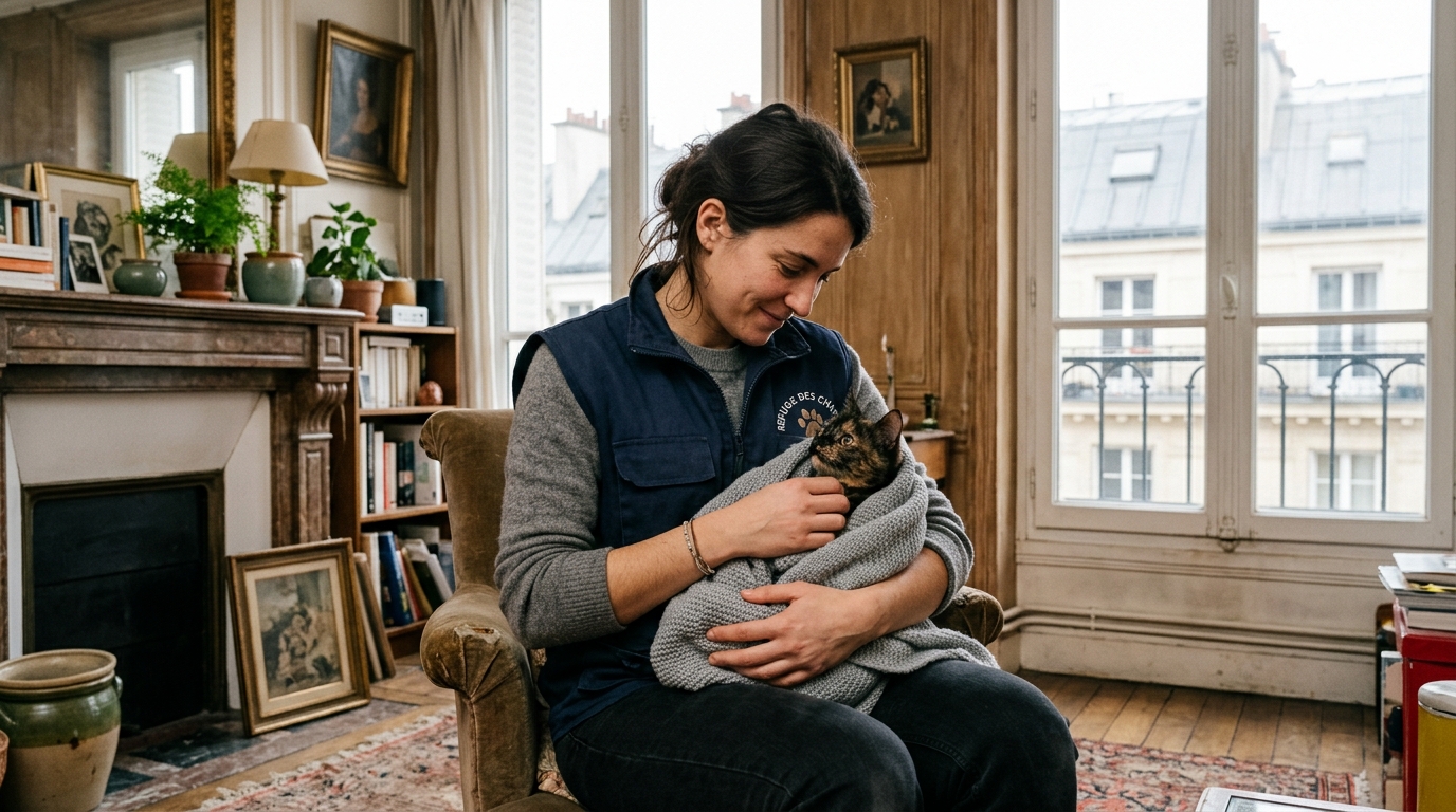 Un bénévole d'une association animale réconforte un chat apeuré dans un appartement parisien