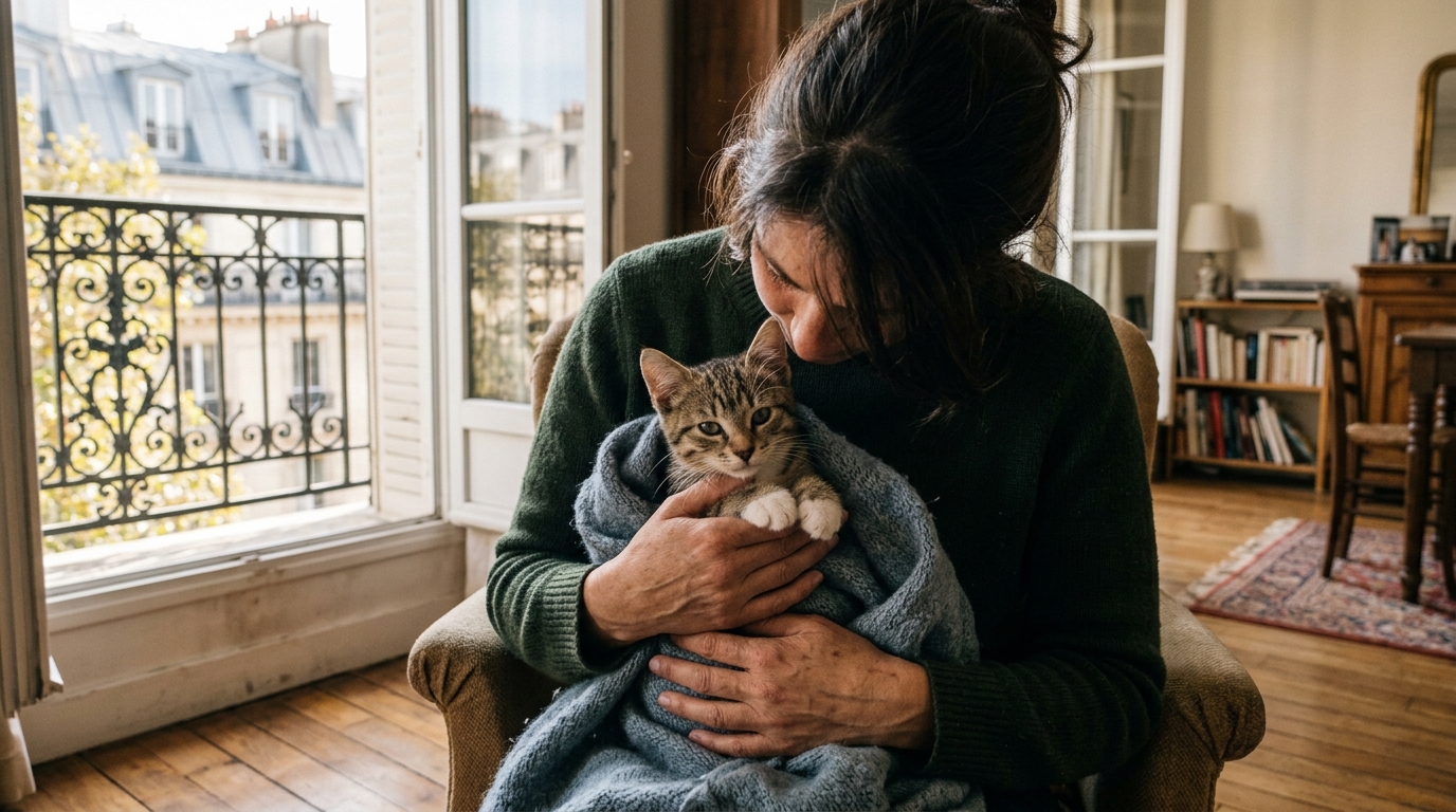 Un chat tigré recueilli dans un appartement parisien lors d'un sauvetage