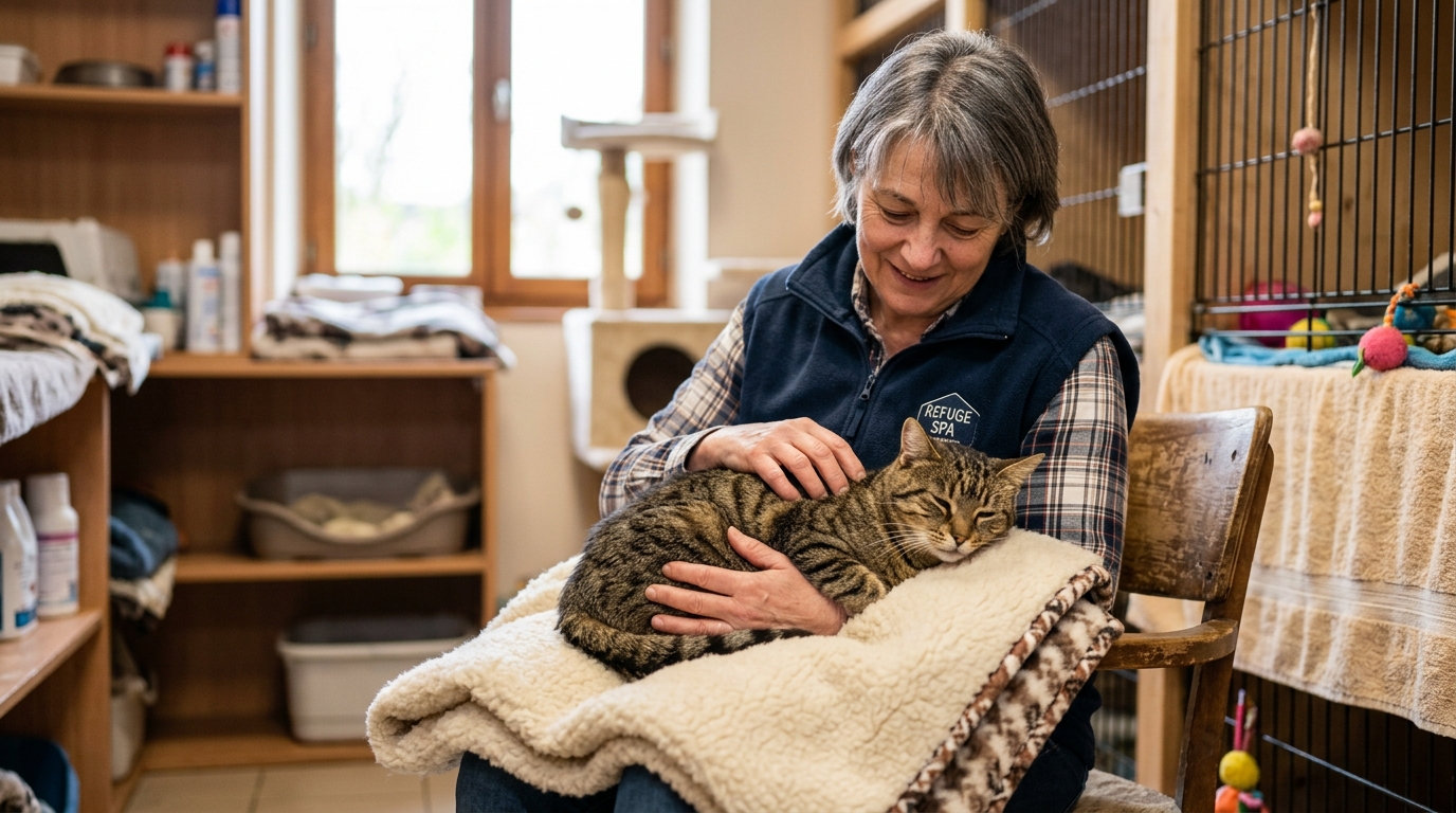 Un bénévoles prenant soin d'un chat sauvé dans le Cher