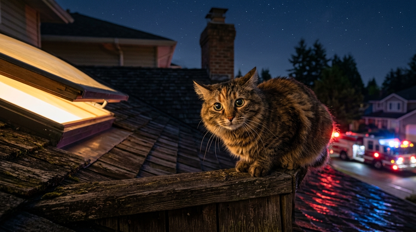 Une chatte perchée sur le rebord d'une corniche de toit pendant la nuit