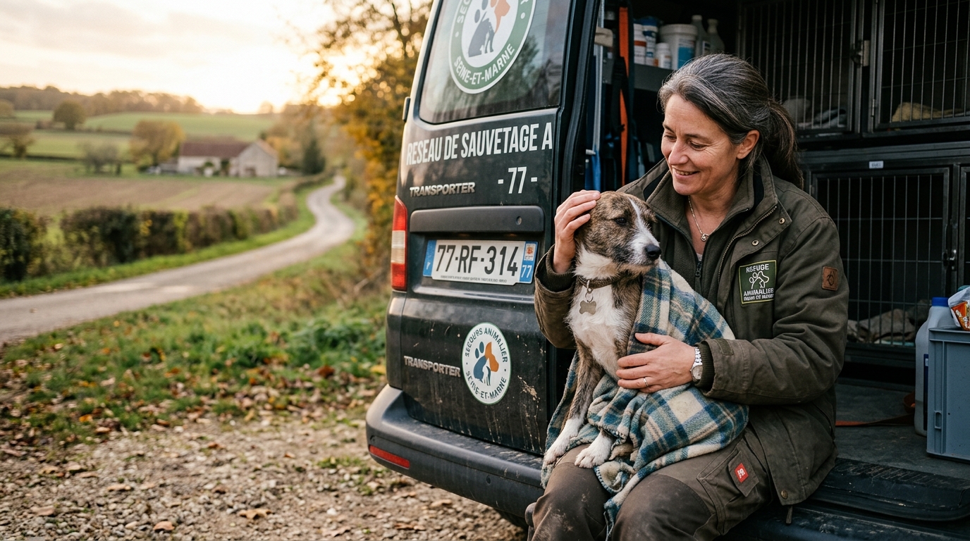 Une bénévole réconforte un chien secouru de la maltraitance en Seine-et-Marne.