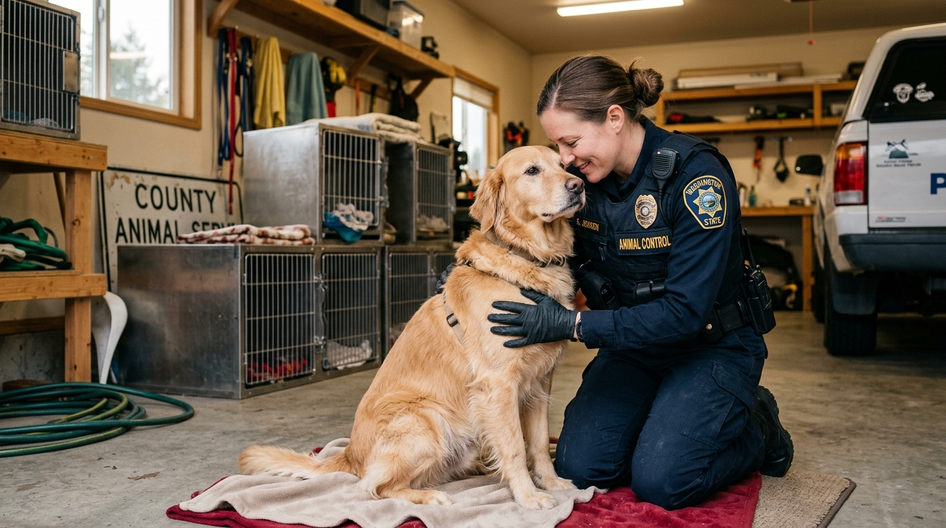 Un agent animalier prend soin d'un chien secouru dans un garage aux États-Unis