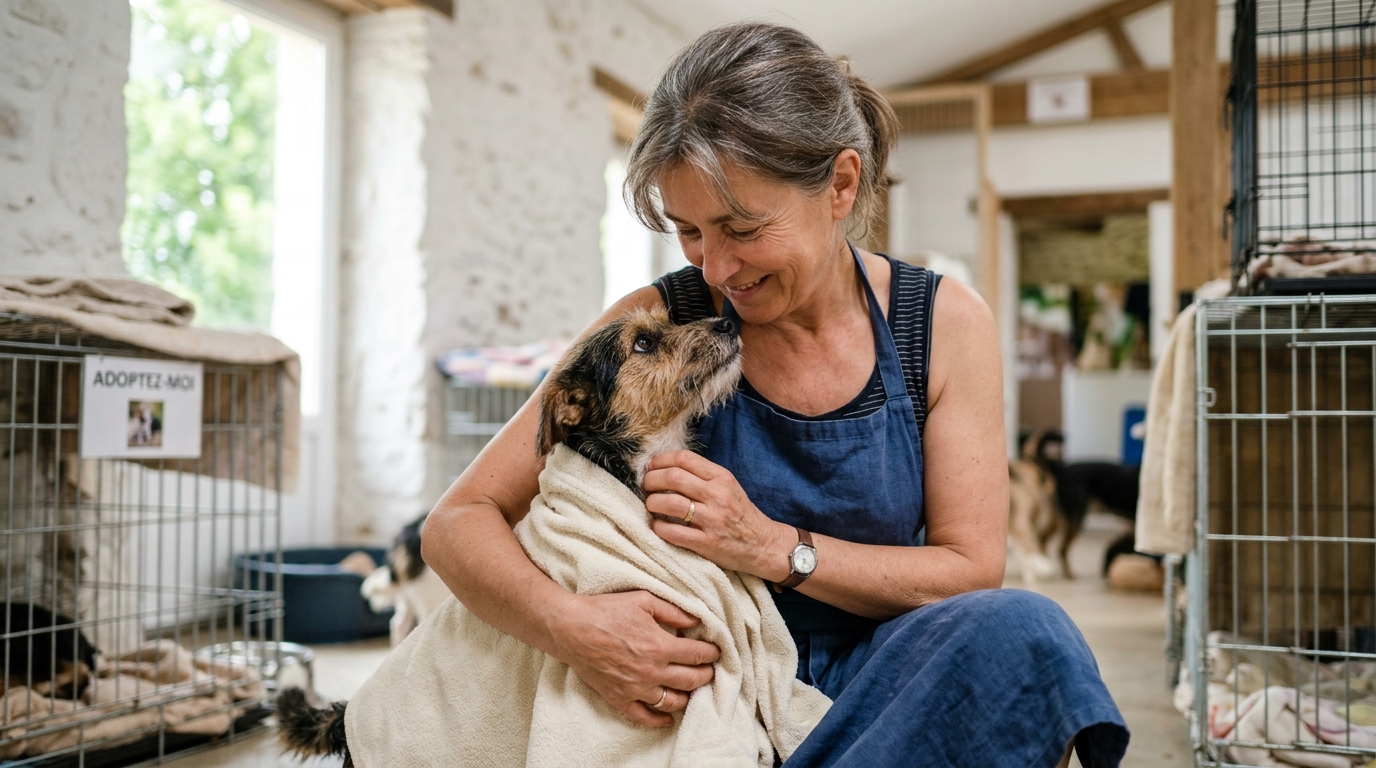 Un bénévole français prend soin d'un chien secouru dans un refuge en Vendée.