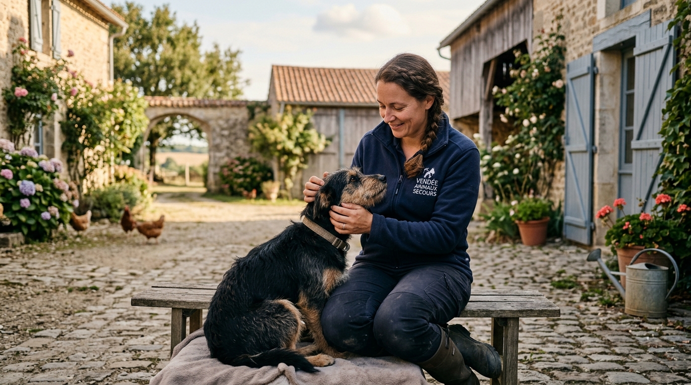 Un bénévole réconfortant un chien secouru dans la campagne vendéenne.