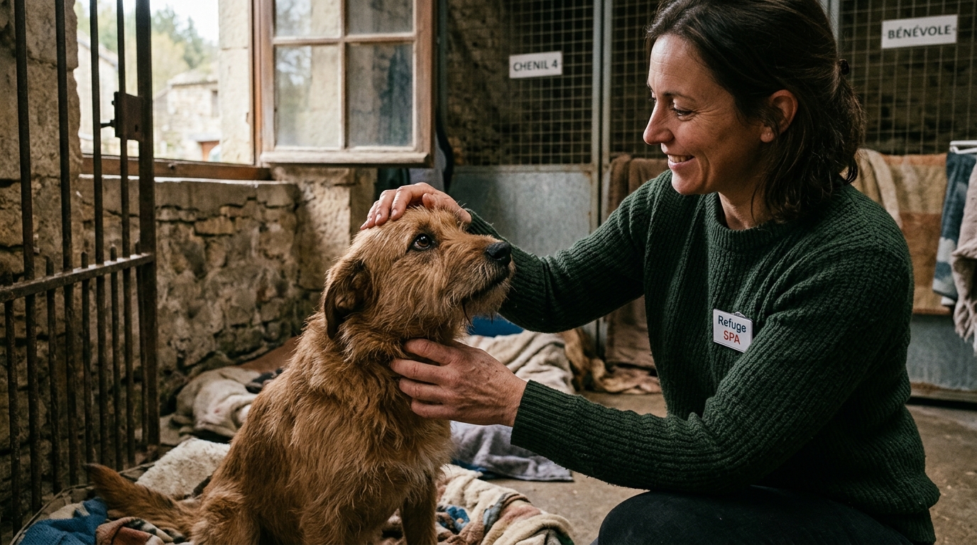 Un chien secouru recevant de l'attention et des soins attentifs dans un refuge.