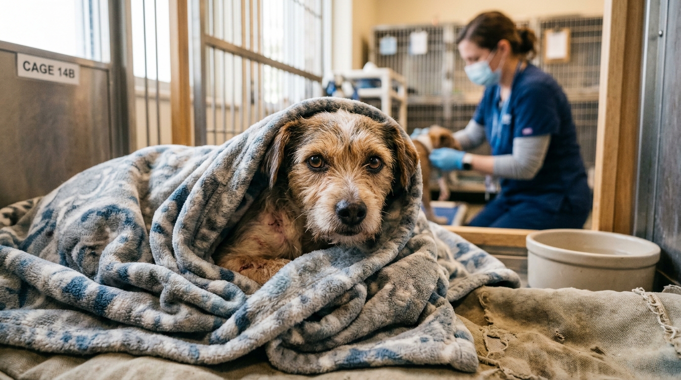 Un petit chien secouru tenu doucement dans les bras d'un soignant