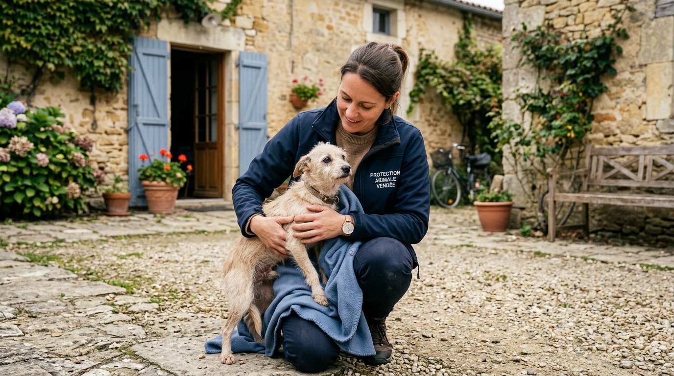 Un bénévole prend soin d'un petit chien sauvé dans la cour d'une maison en Vendée.
