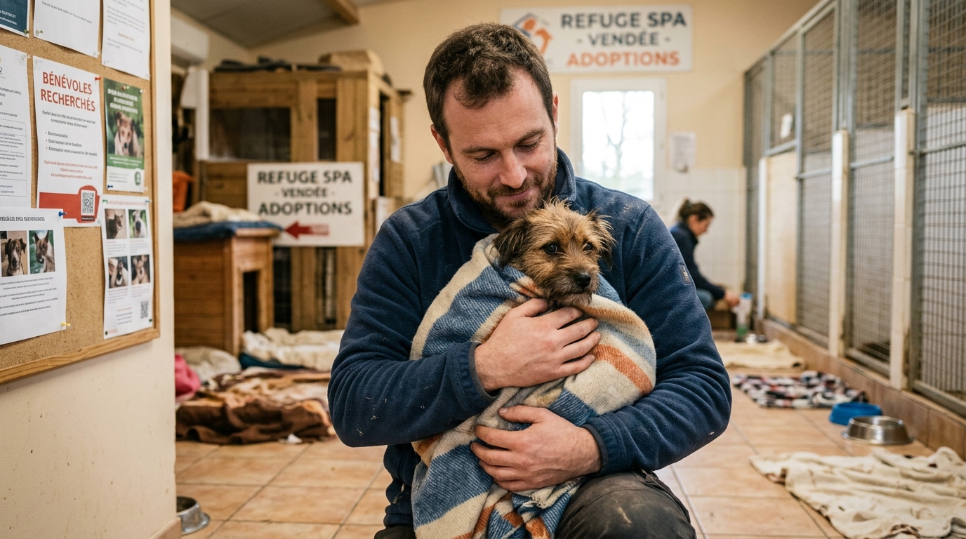 Un bénévole tenant gentiment un petit chien secouru dans un refuge chaleureux en France.