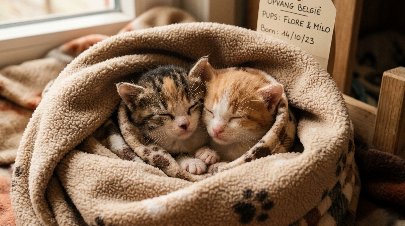 Deux tout petits chatons sauvés et blottis dans une couverture