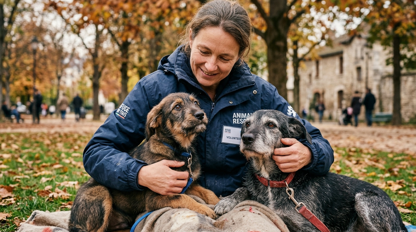 Deux chiens secourus reçoivent de l'attention et des soins après leur sauvetage.