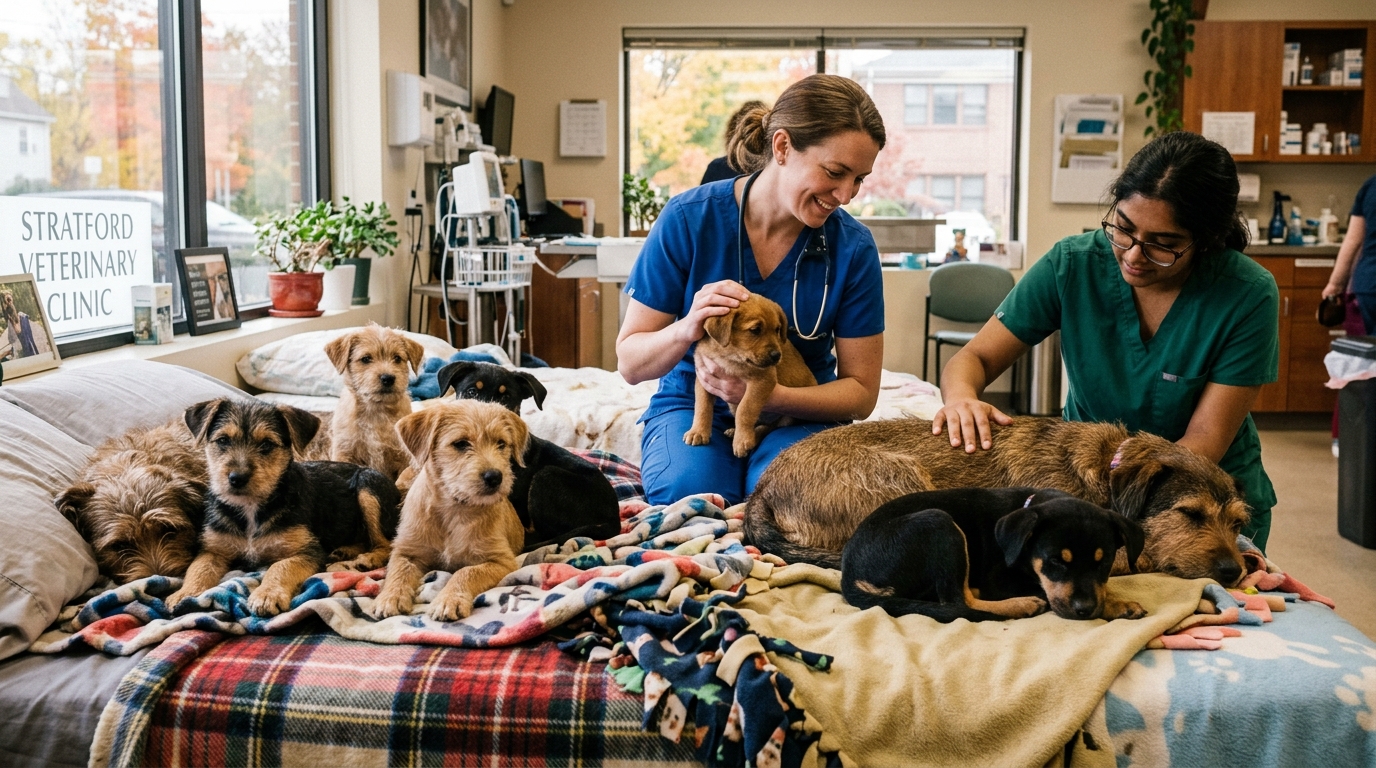 Chiots et chiens adultes pris en charge au calme dans une clinique vétérinaire