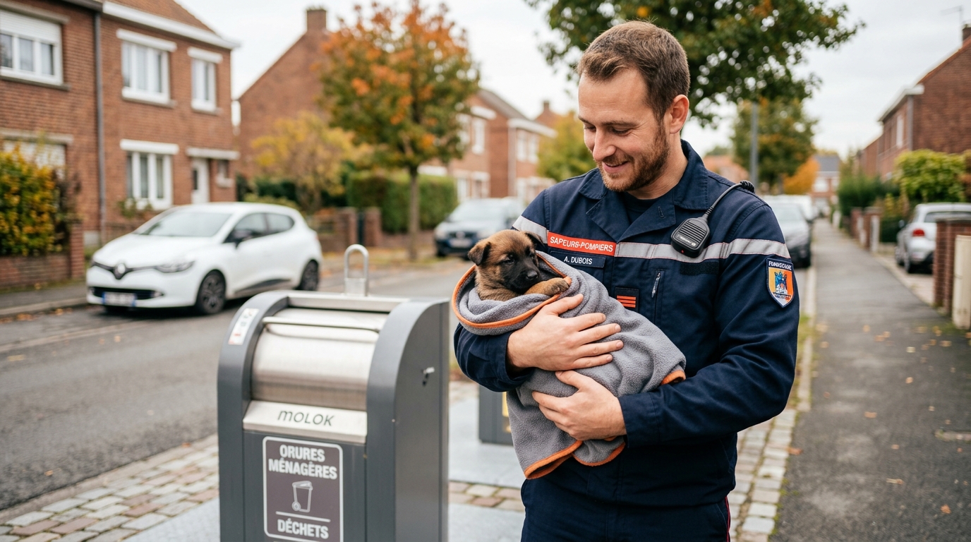 Un jeune chiot Malinois secouru et enveloppé dans une couverture par un sapeur-pompier à Dunkerque.