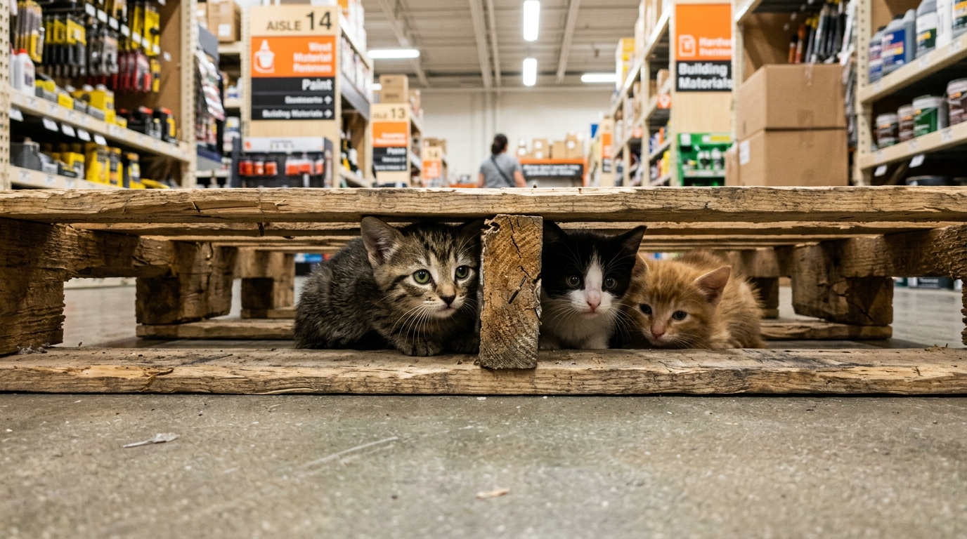 Six petits chatons aperçus coincés dans une palette de bois dans un magasin.