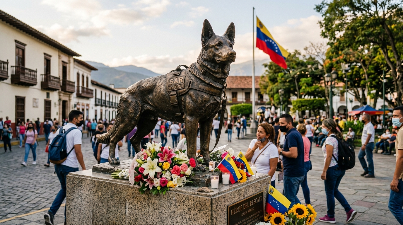 Statue en bronze d'un chien sauveteur érigée au Venezuela après des séismes.