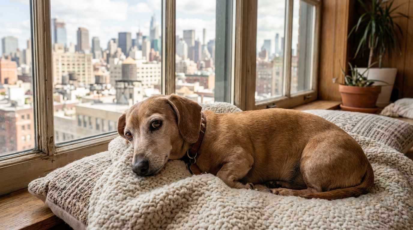 Un petit chien Teckel âgé assis confortablement dans une famille d'accueil