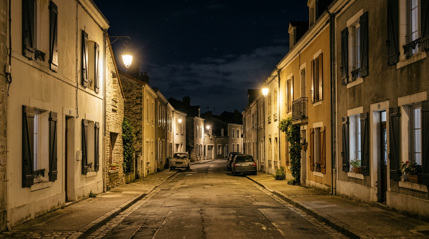 Une rue résidentielle calme de nuit éclairée par un lampadaire à Saint-Nazaire