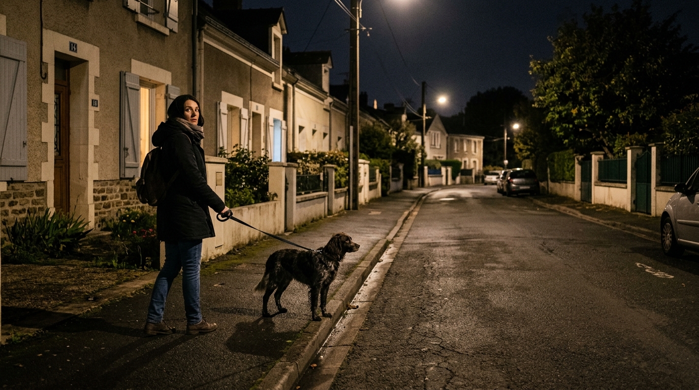 Illustration d'une rue résidentielle française de nuit avec un chien tenu en laisse par son maître
