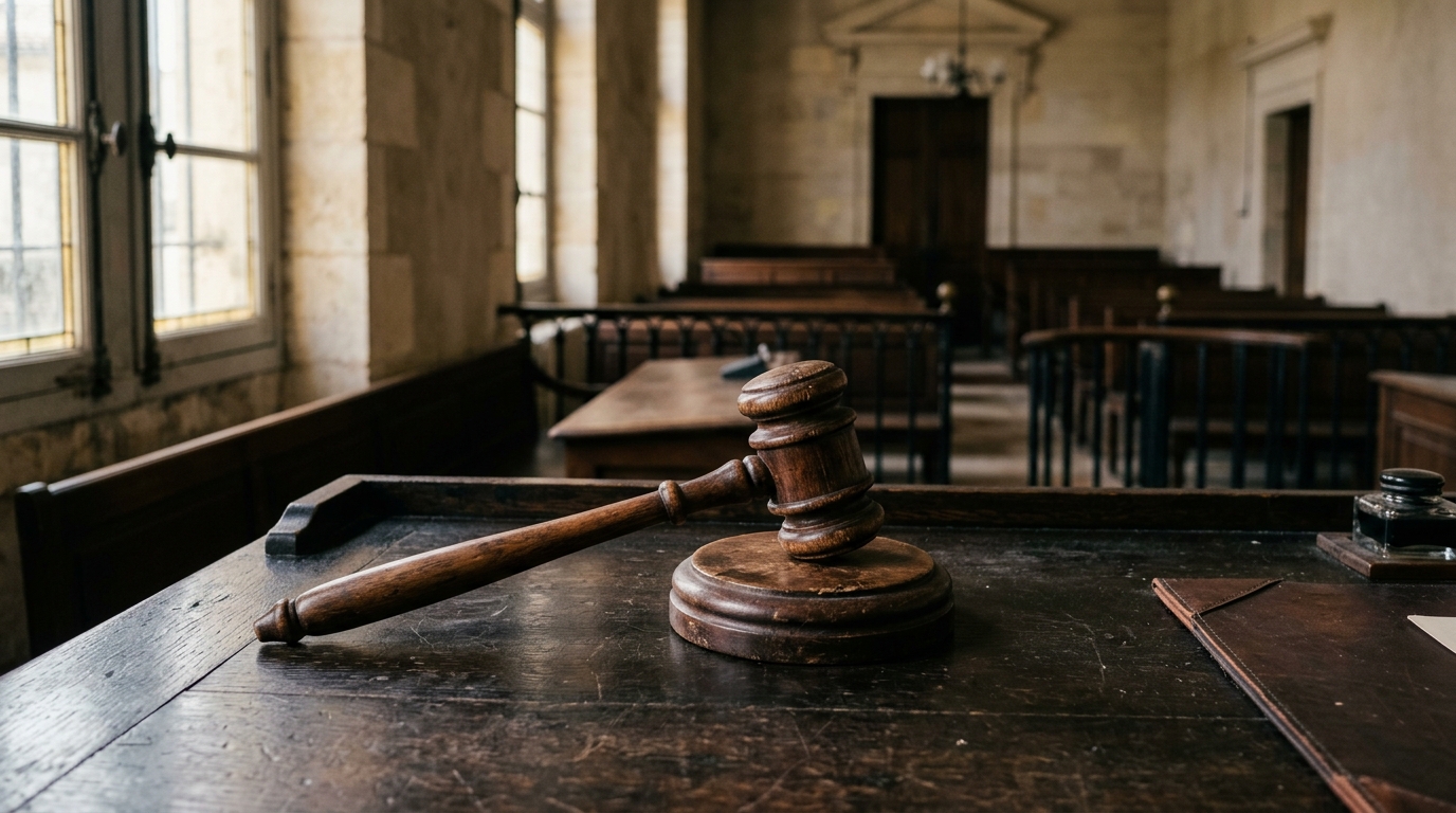 Marteau de justice posé sur un bureau d'audience au tribunal