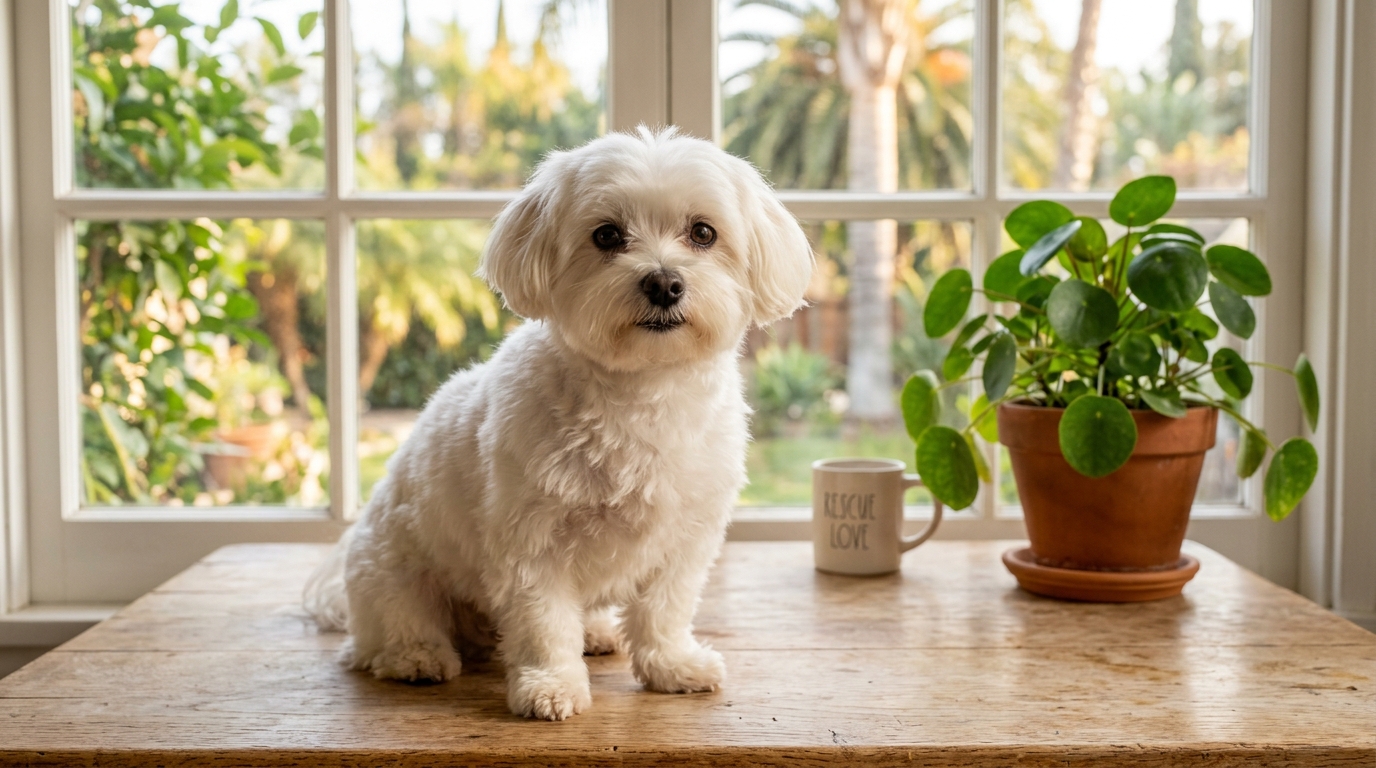 Un petit bichon maltais blanc toiletté et joyeux dans un environnement lumineux