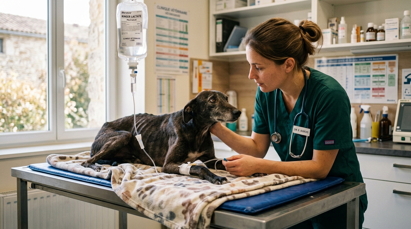 Un chien affaibli pris en charge par un vétérinaire dans une clinique en France.