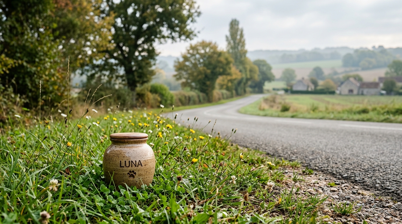 Petite urne funéraire posée au bord d'une route de campagne en Seine-et-Marne