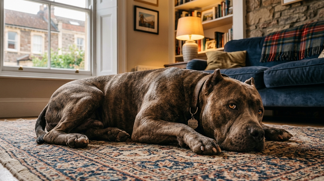 Un grand chien molosse assis au calme dans un salon moderne.