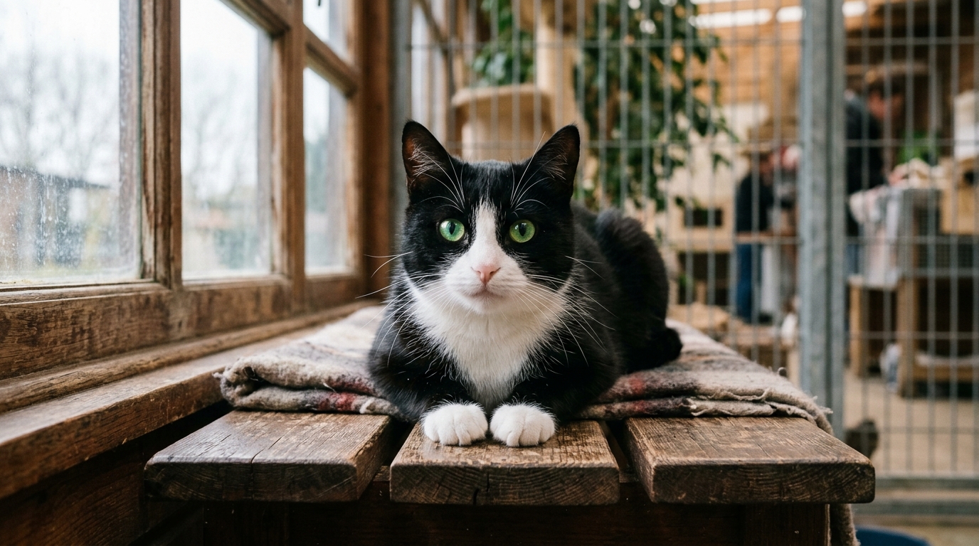 Jeune chat noir et blanc curieux posant doucement dans un refuge de protection animale