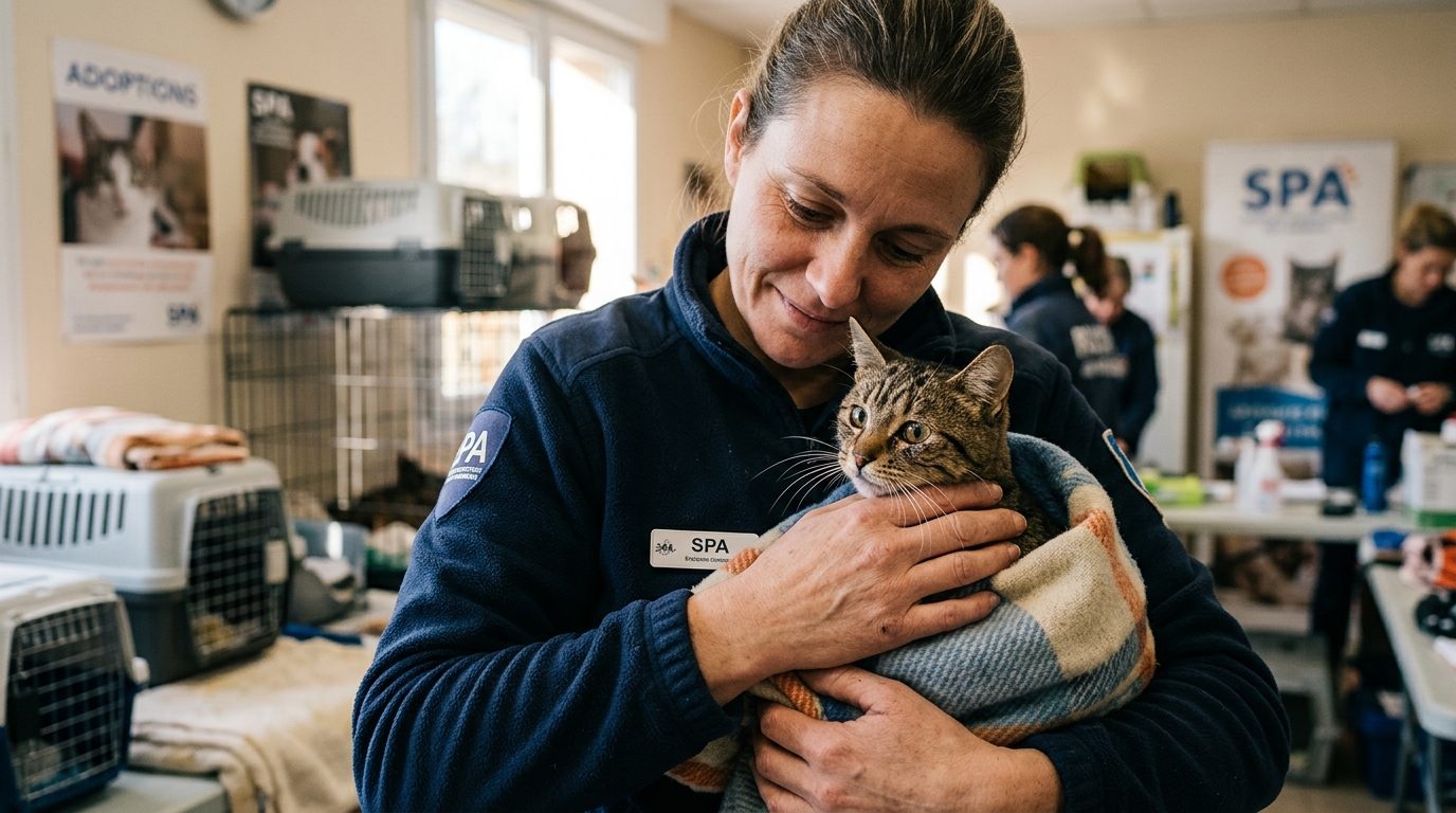 Un chat secouru par un bénévole de protection animale dans un panier de transport