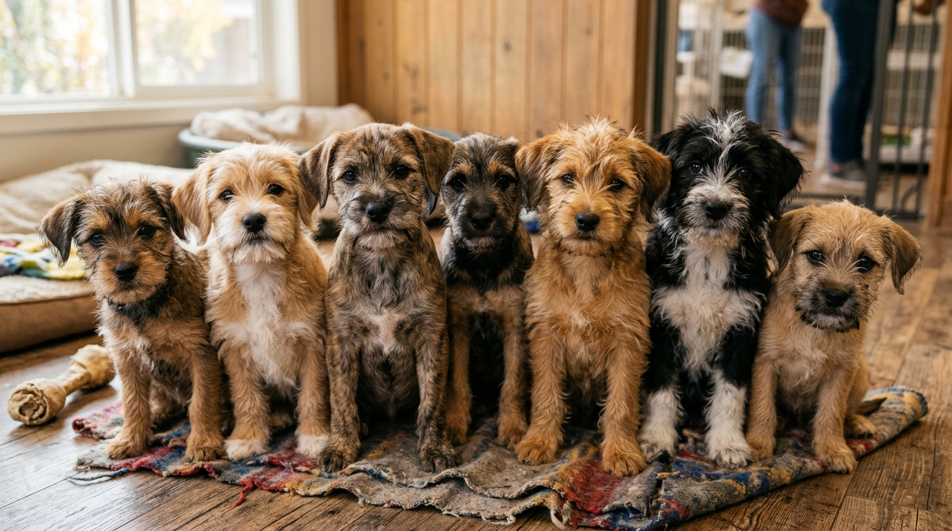 Sept chiots au look original et amusant assis ensemble dans un refuge en Californie