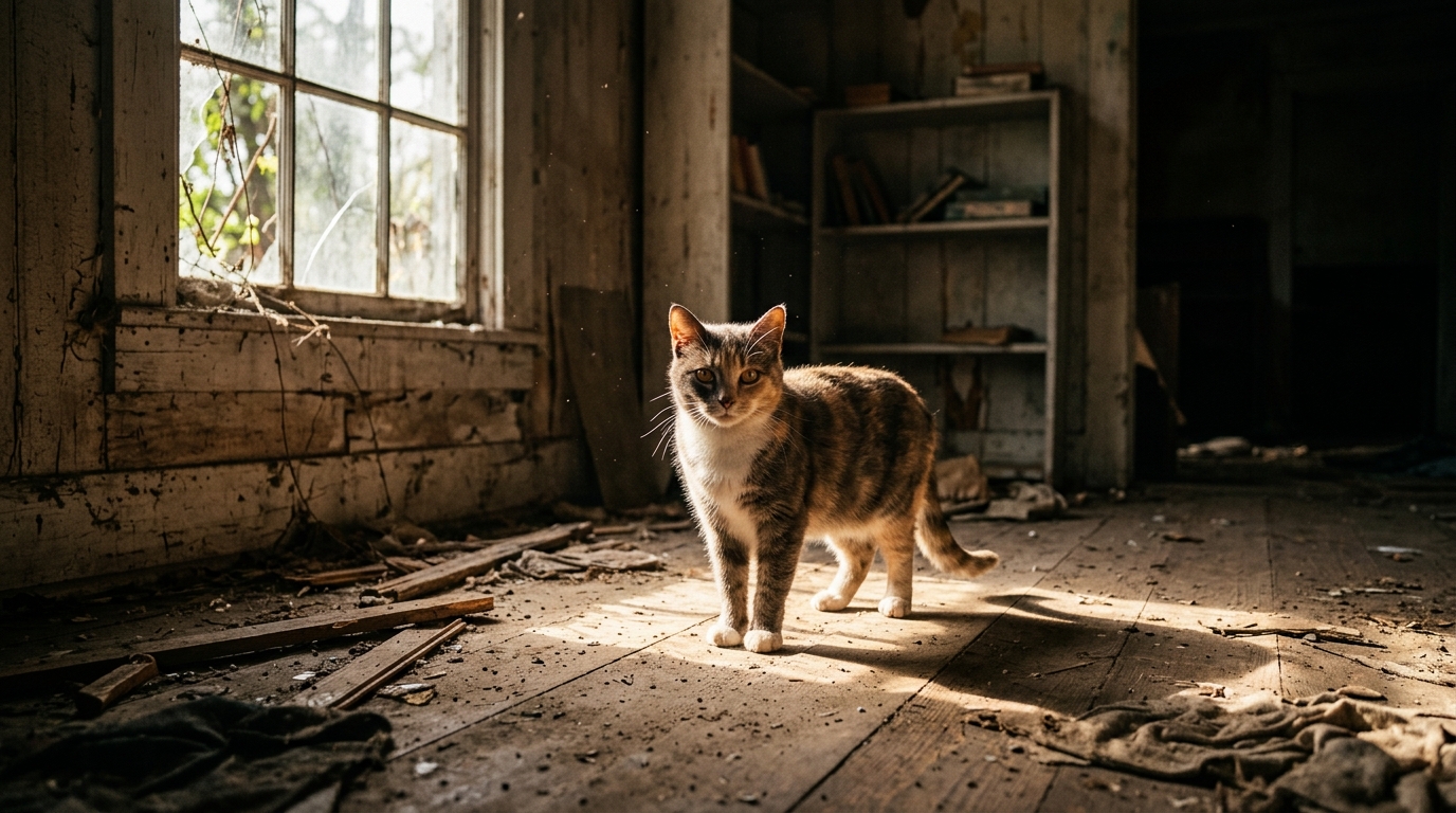 Plusieurs chats assis près d'une fenêtre dans une maison abandonnée