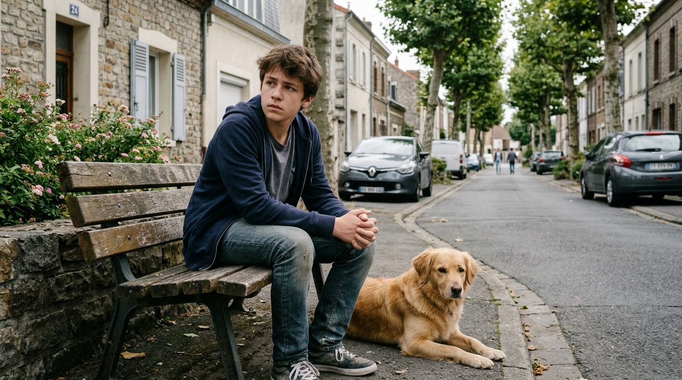 Un jeune garçon inquiet assis près d'un chien paisible dans une rue résidentielle à Lens.