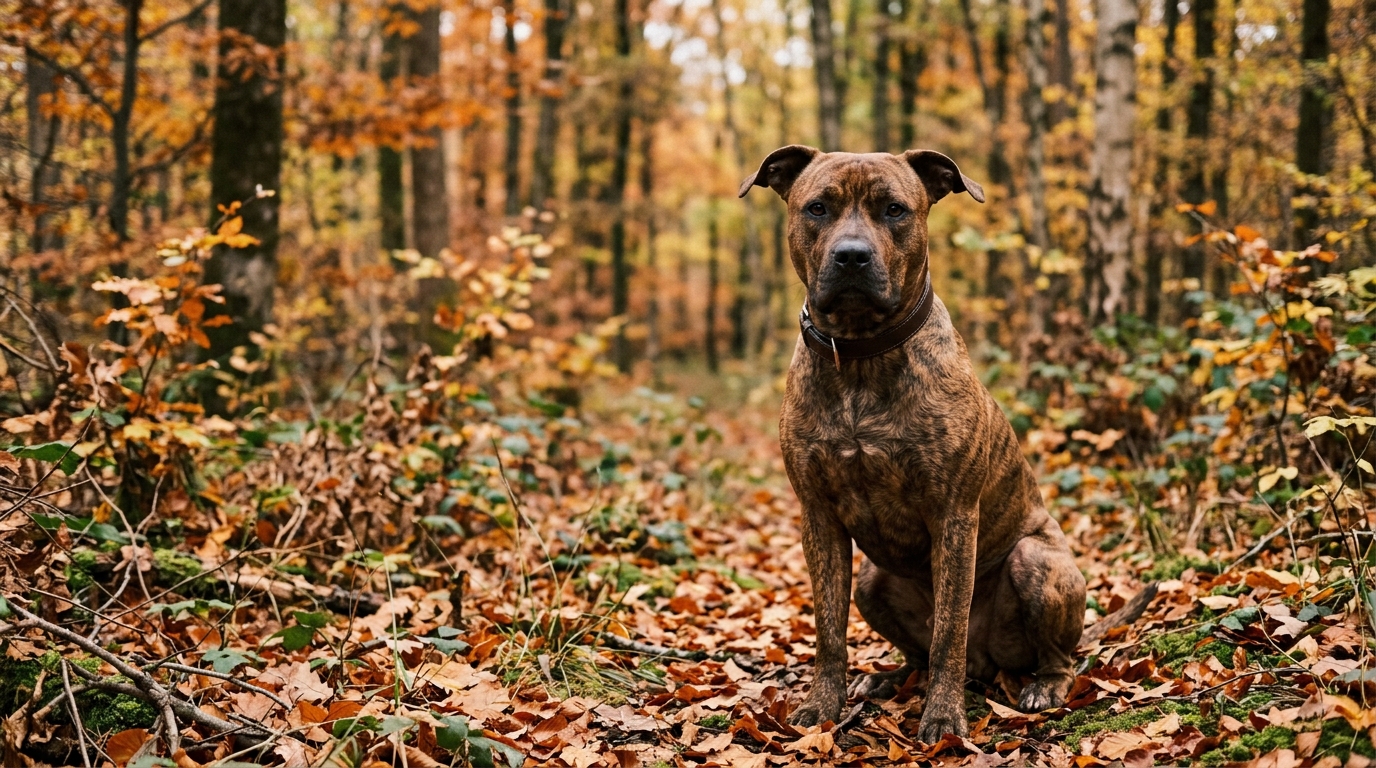 Un chien pitbull marron et noir assis paisiblement dans un sous-bois forestier en France.