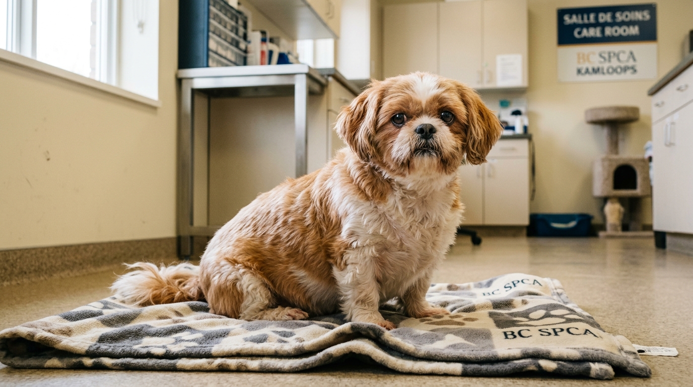Un petit chien Shih Tzu en surpoids assis dans un refuge animalier.