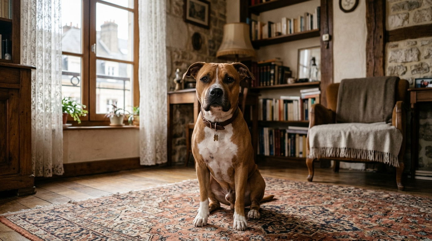 Un American Staffordshire Terrier marron et blanc assis sagement dans un salon