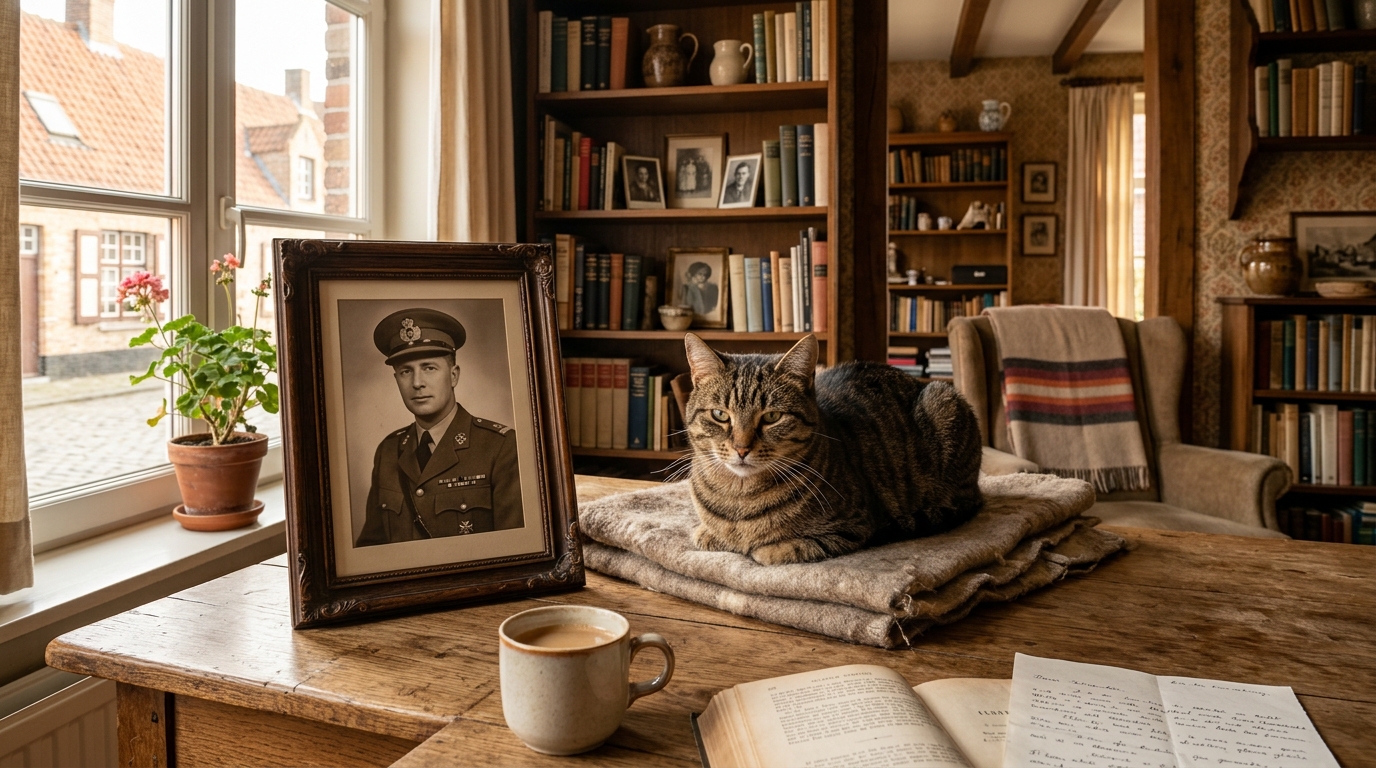 Un chat roux assis près du portrait d'une ancienne militaire dans un salon chaleureux.