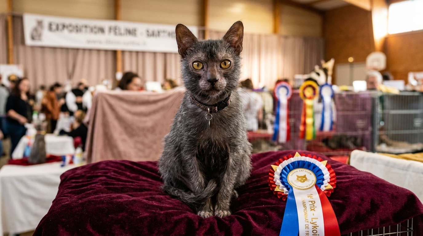 Une chatte lykoï grise au pelage atypique sur une table de présentation lors d'un salon félin.