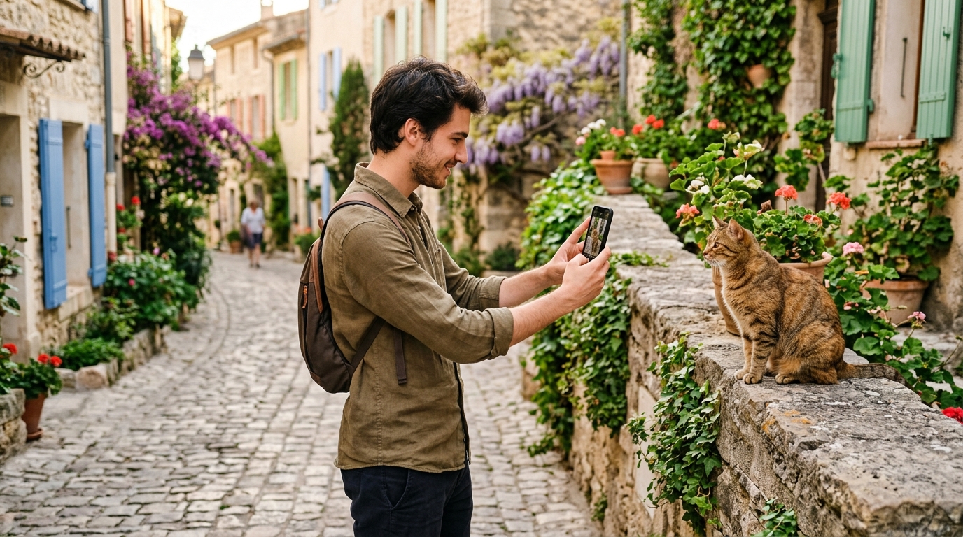 Un jeune homme prend en photo un chat tigré assis sur un muret dans une rue française.
