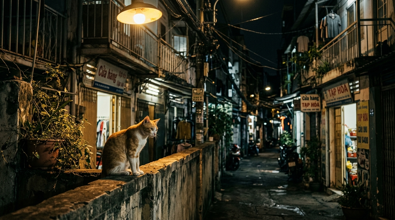 Un chat domestique aperçu de nuit dans une rue résidentielle au Vietnam.
