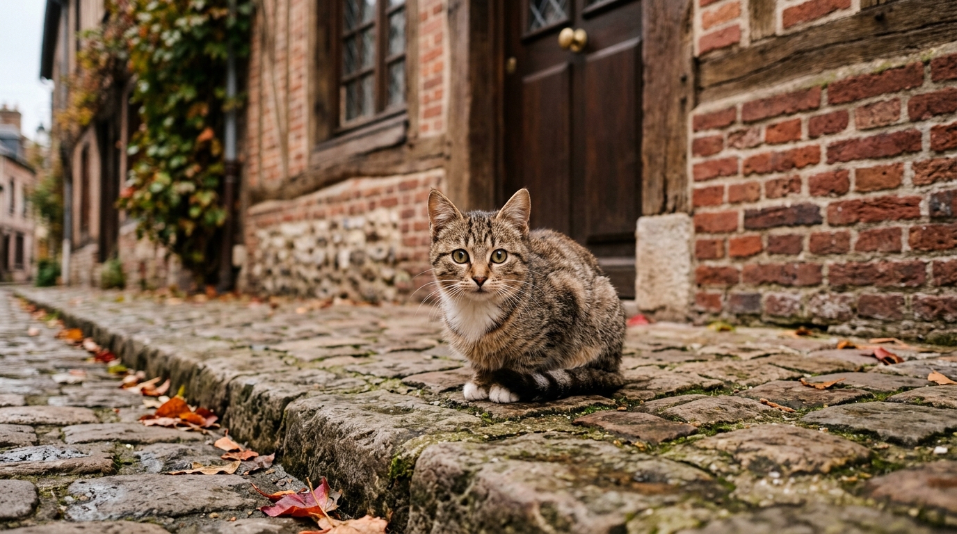 Un chat tigré aperçu dans une cour de ville normande