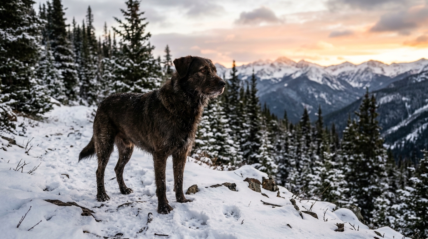 Un chien croisé Labrador et Berger debout sur un sentier enneigé en montagne.