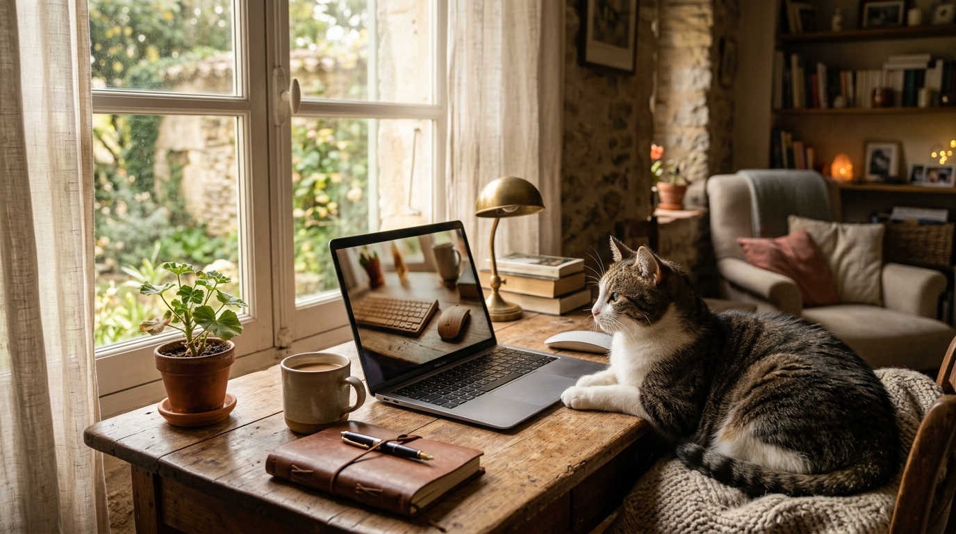 Un chat senior tigré et blanc assis sereinement sur un bureau près d'un ordinateur